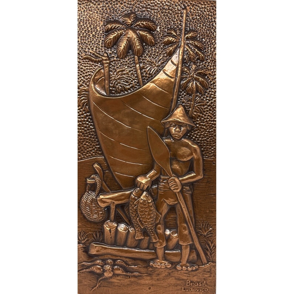 Vintage CobrArte Copper Wall Art Brazilian Fisherman Relief MCM Decor 12" - Picture 3 of 4